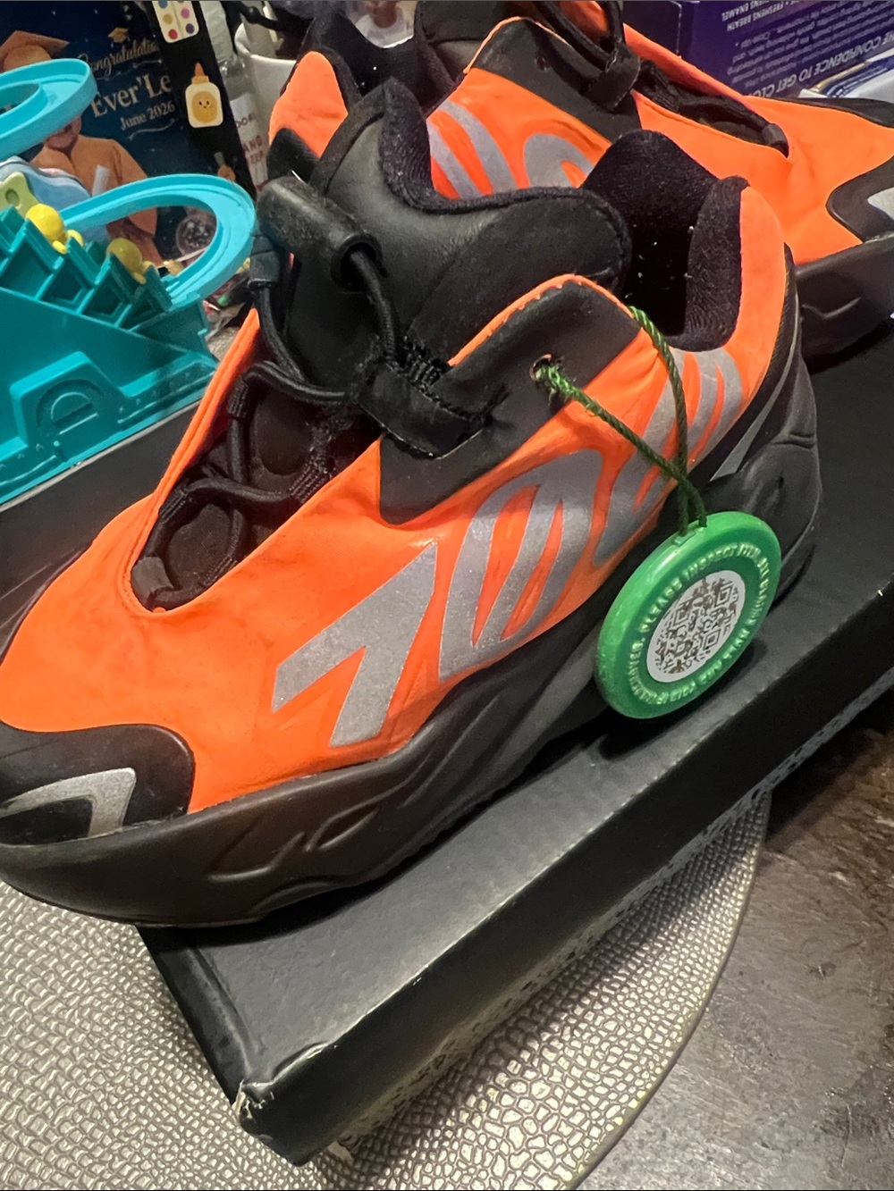 Yeezy Kids Orange and Black Reflective Sneakers
